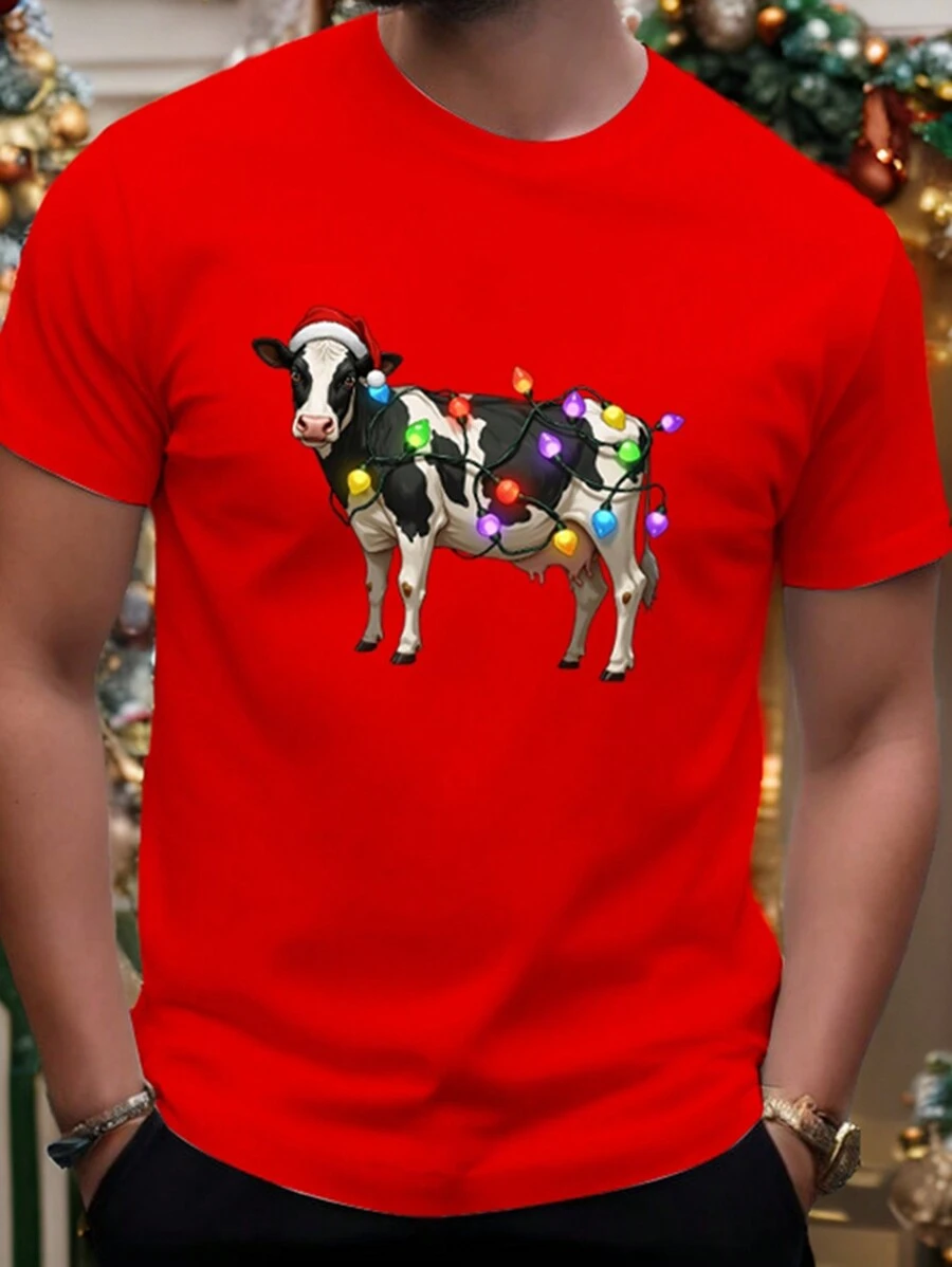 Manfinity Homme Camiseta de manga corta informal con estampado de vaca de Navidad para hombres