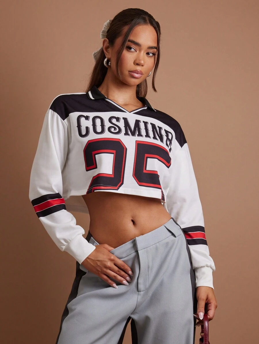 COSMINA Women's Casual V-Neck Loose Crop Sweatshirt