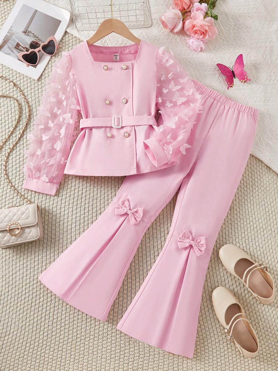 Tween Girls 2pcs Minimalist Blazer Design Jacket & Extra Long Flare Pants Set With Mesh Fabric