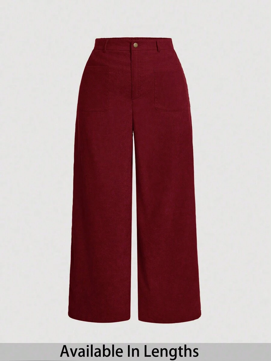 SHEIN PETITE CURVE Plus Size Solid Color Button Front Pocket Minimalist Design Casual Corduroy Pants