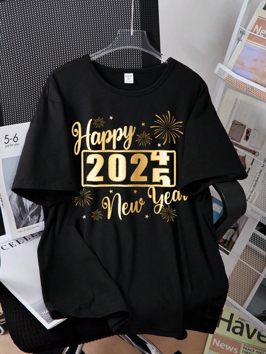 Tween Boys 2025 New Year Slogan Print Casual Round Neck Short Sleeve T-Shirt