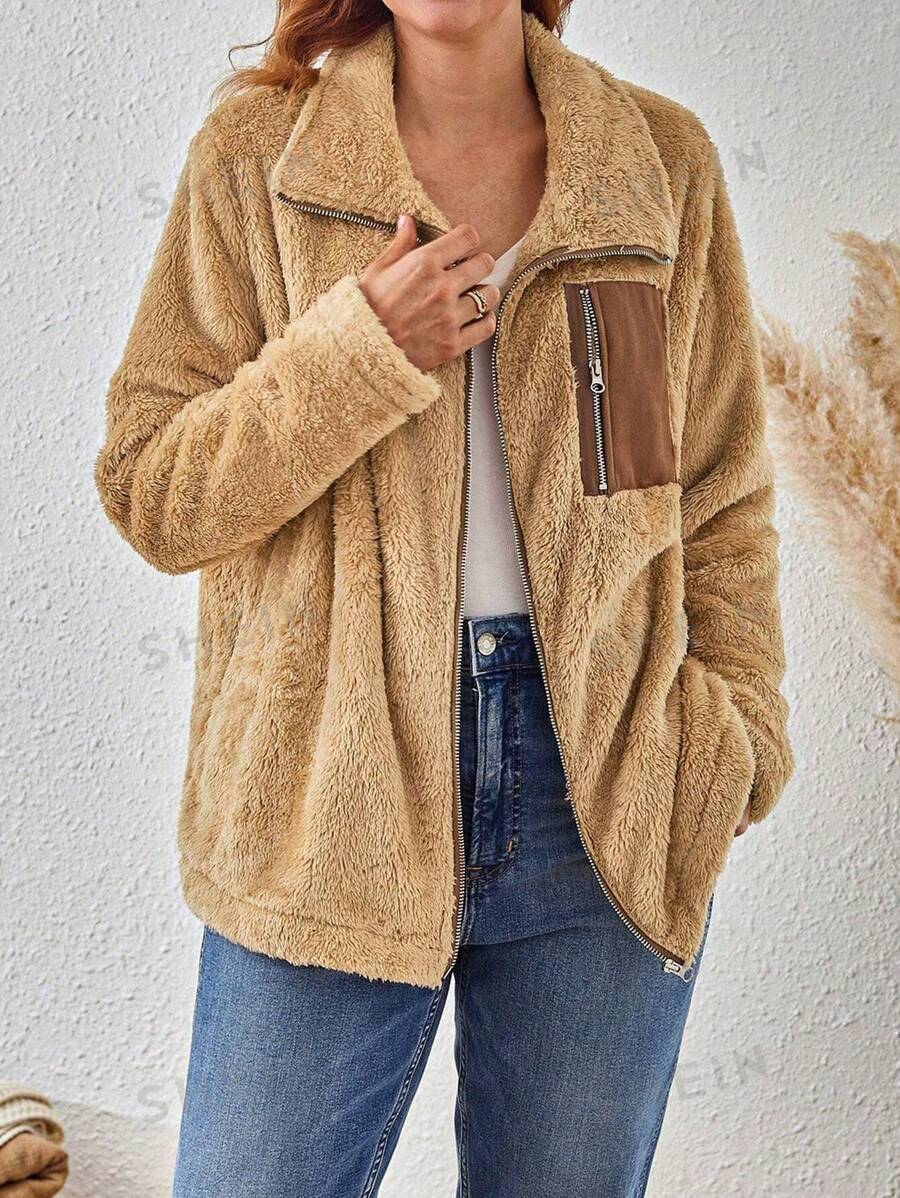EMERY ROSE Chaqueta informal con cremallera, con bloque de color y diseño esponjoso, para mujer de talla grande, apta para otoño/invierno