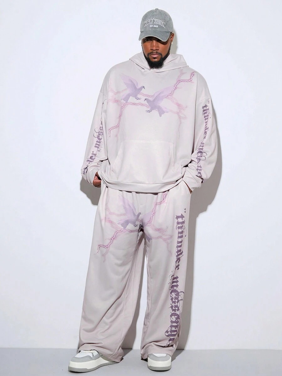 Manfinity NXTstreet Men Plus Size Letter & Symbol Graphic Knitted Hoodie And Pants 2 Pieces Set