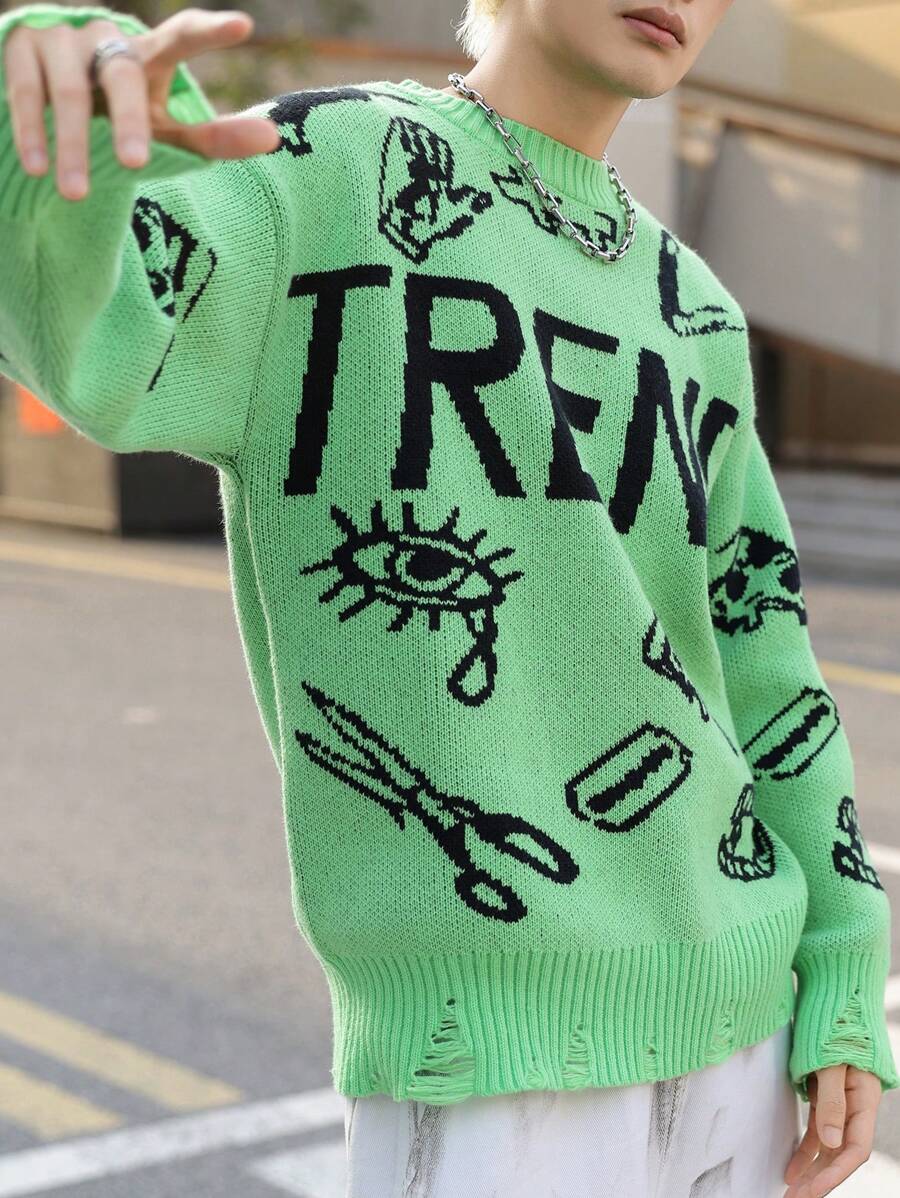 Manfinity EMRG Men's Casual Contrast Pattern Round Neck Green Graphic Color Block Pullover Long Sleeve Sweater, Autumn/Winter, For Going Out, Friends