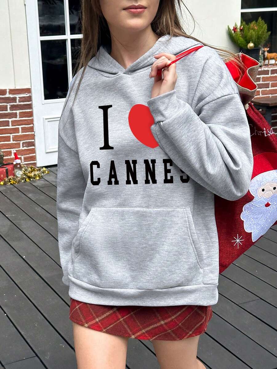 Jouncy Sudadera con capucha casual para mujer con estampado de letras y corazones para la temporada de otoño