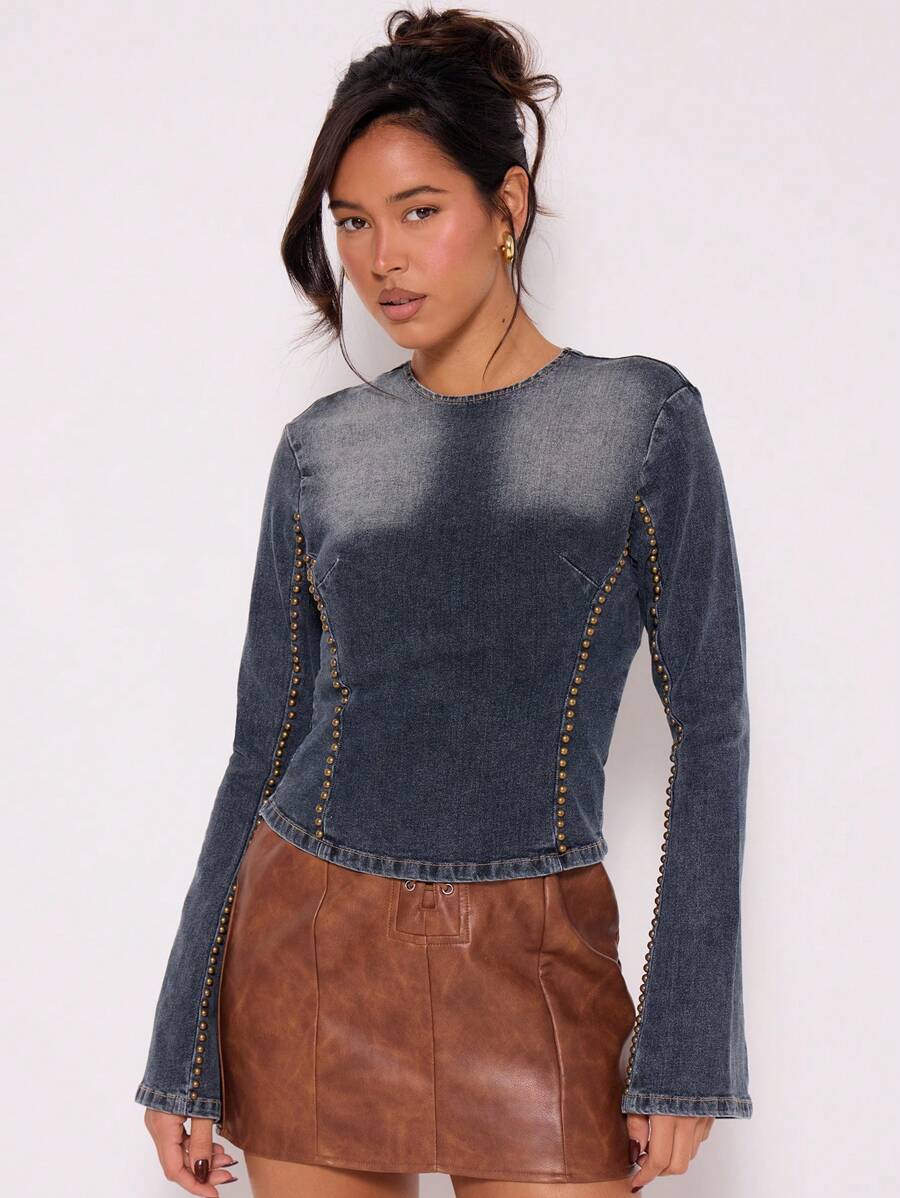 MUSERA Denim Studded Long Sleeve Top Spring 90's Cute Sexy Y2k Summer
