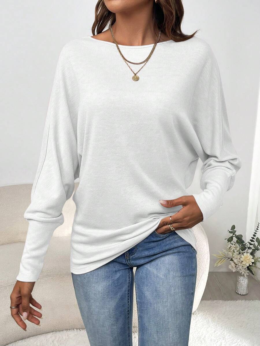 SHEIN Clasi Women Solid Color Round Neck Long Sleeve Minimalist T-Shirt, Casual Everyday Wear