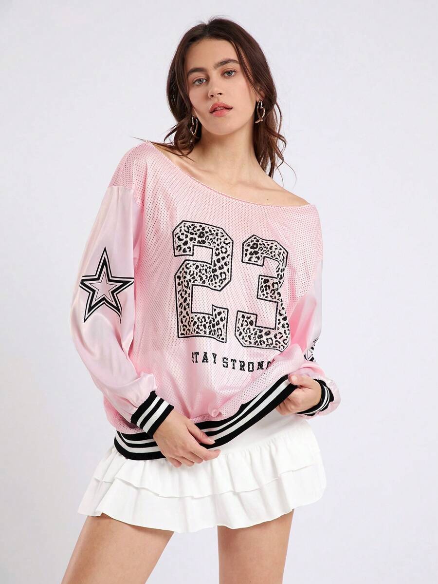 SHEIN EZwear Casual Sports V-Neck Long Sleeve Knitted Pink Mesh Jersey Sweatshirt With Letter & Number Print And Drop Shoulders For Ball Games