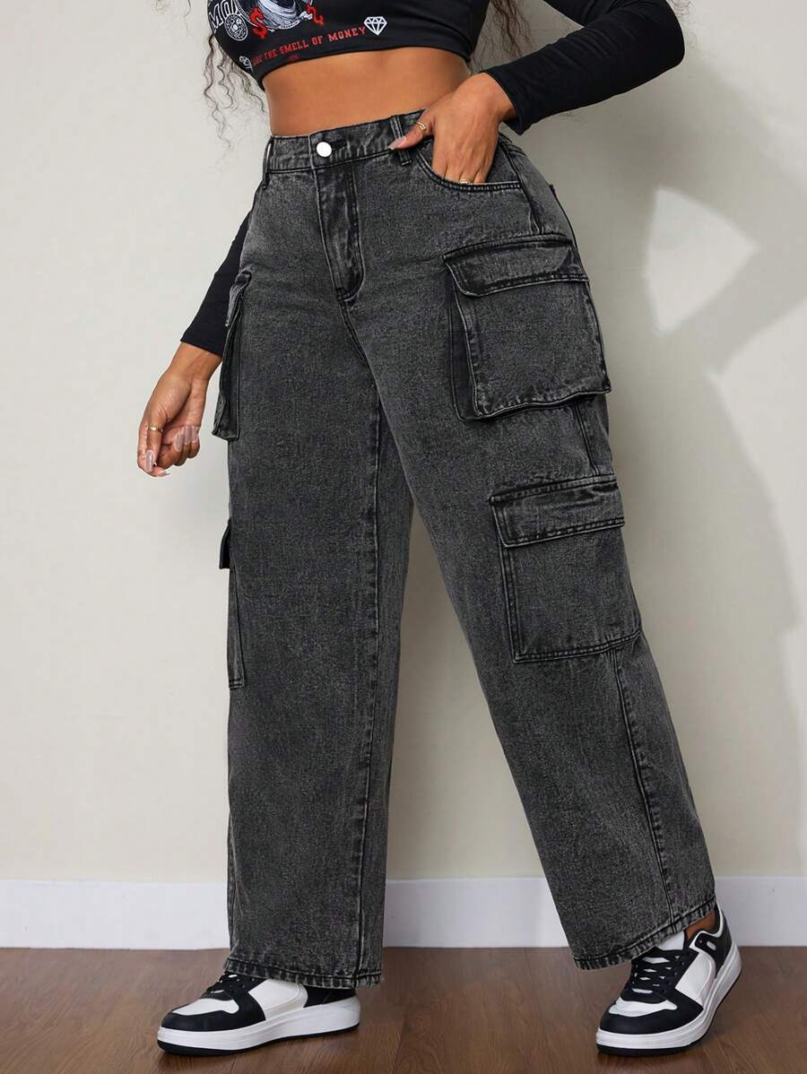 SHEIN SXY Plus Size Damskie Jednokolorowe Luźne Kieszenie Swobodne Uniwersalne Jeansy Cargo