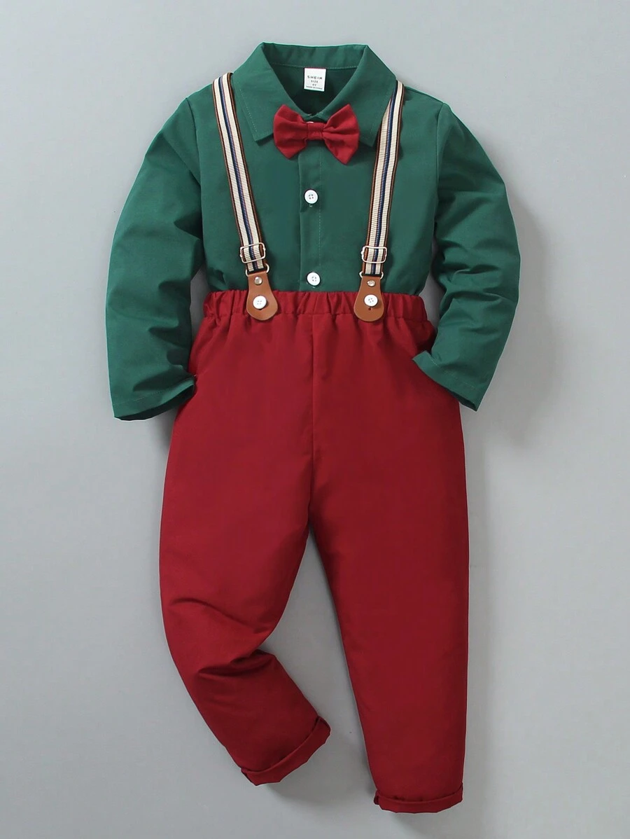 SHEIN Conjunto de ropa de Navidad para niño pequeño estilo caballero: Camisa de manga larga + Pantalón con tirantes, Conjunto formal elegante para fiesta de cumpleaños, boda, celebración de aniversario