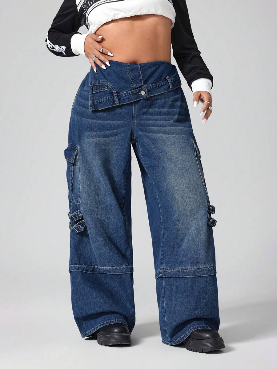 SHEIN ICON Plus Size Asymmetrical Stylish Waist Design, Multi-Pocket Cargo Jeans