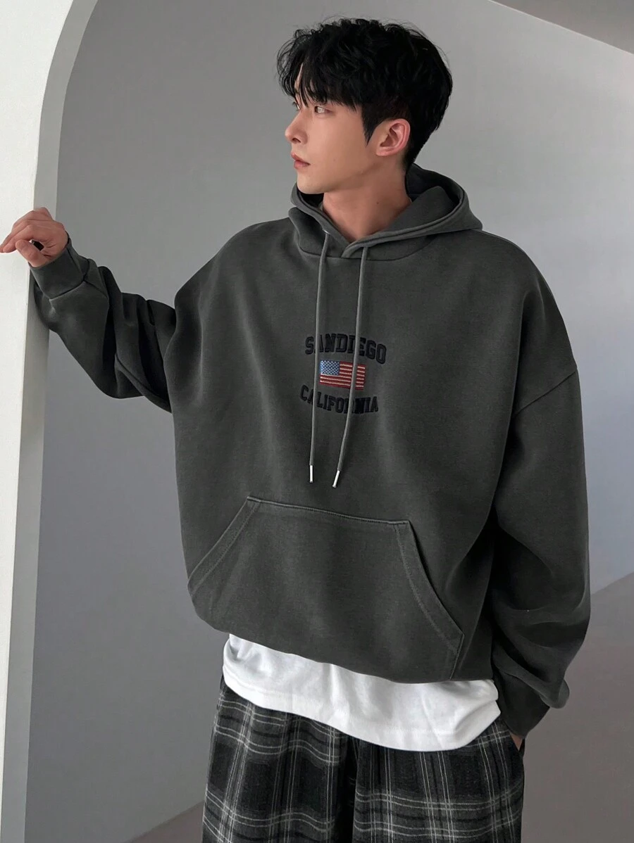 DAZY Men's Casual Letter Embroidery Drawstring Hooded Sweatshirt, Suitable For Autumn