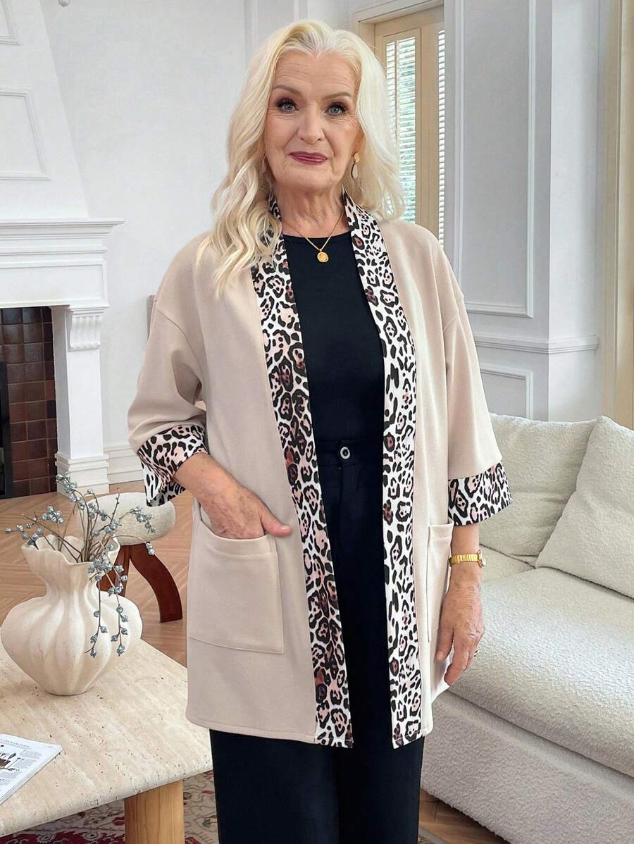 EMERY ROSE Women's Autumn Mixed Leopard Print Drop Shoulder Pocket Casual Open Front Jacket