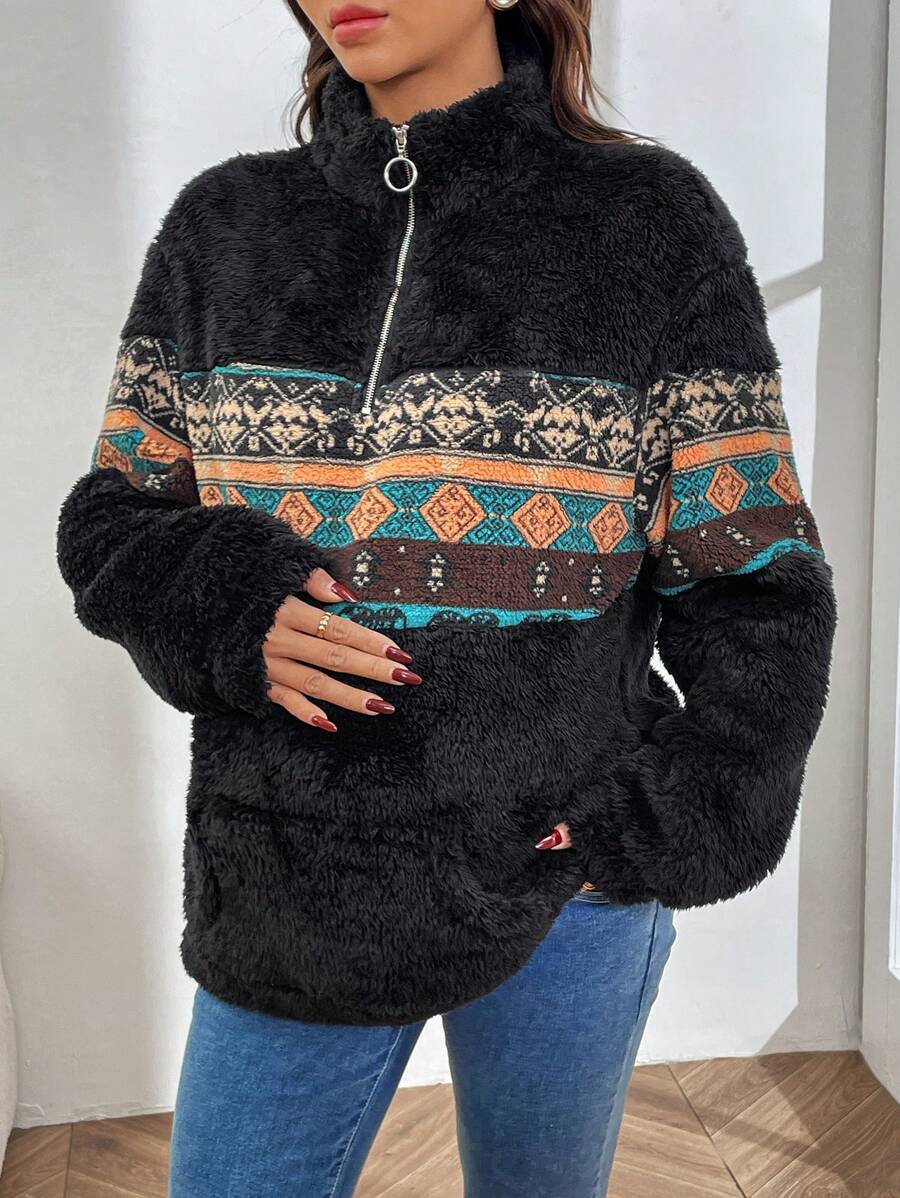 SHEIN Fair Isle Print Color-Block Bubble Fleece Casual Maternity Hoodie