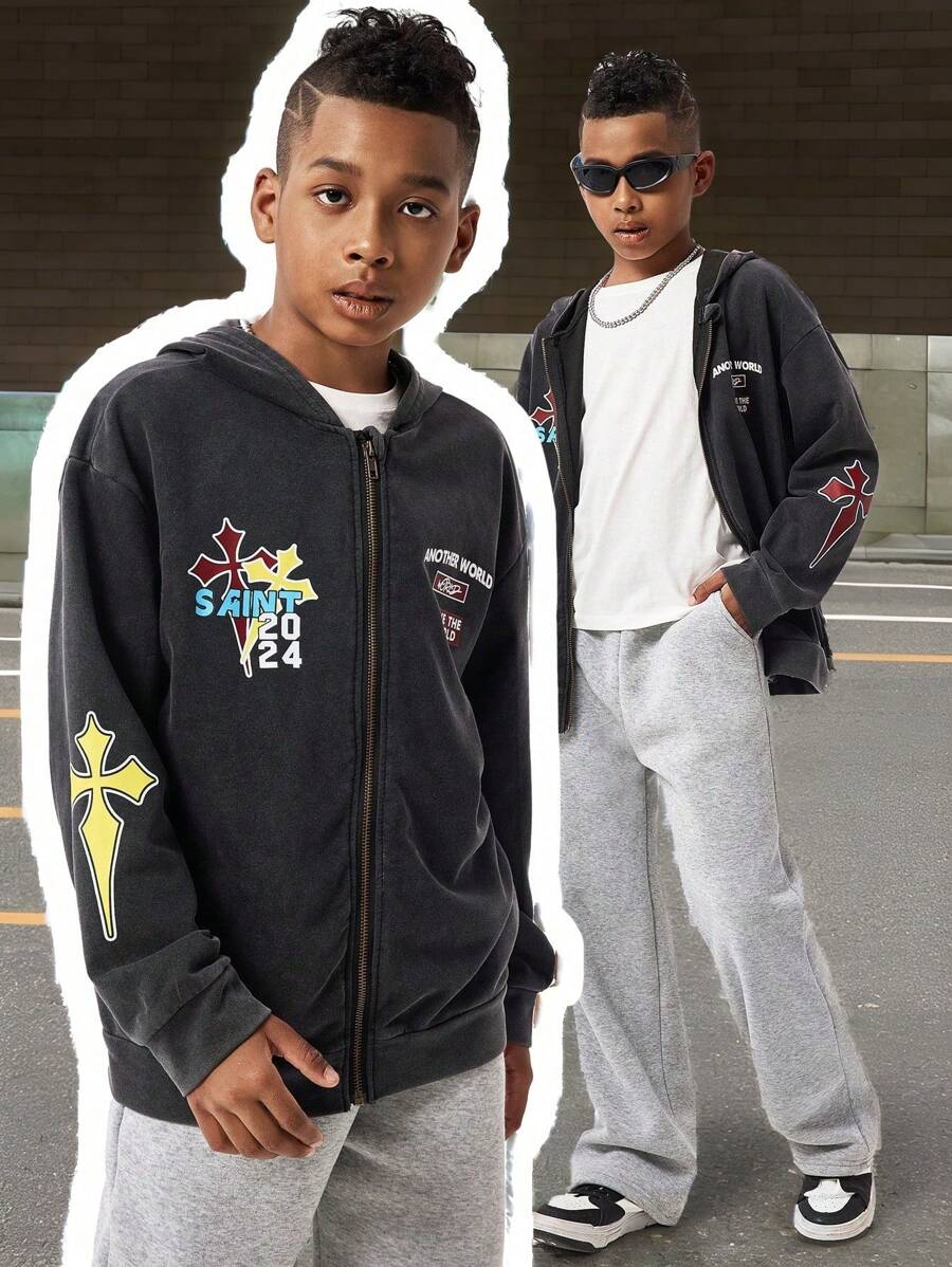 SHEIN Teenage Boys' Graphic Hooded Zip-Up Sweatshirt
