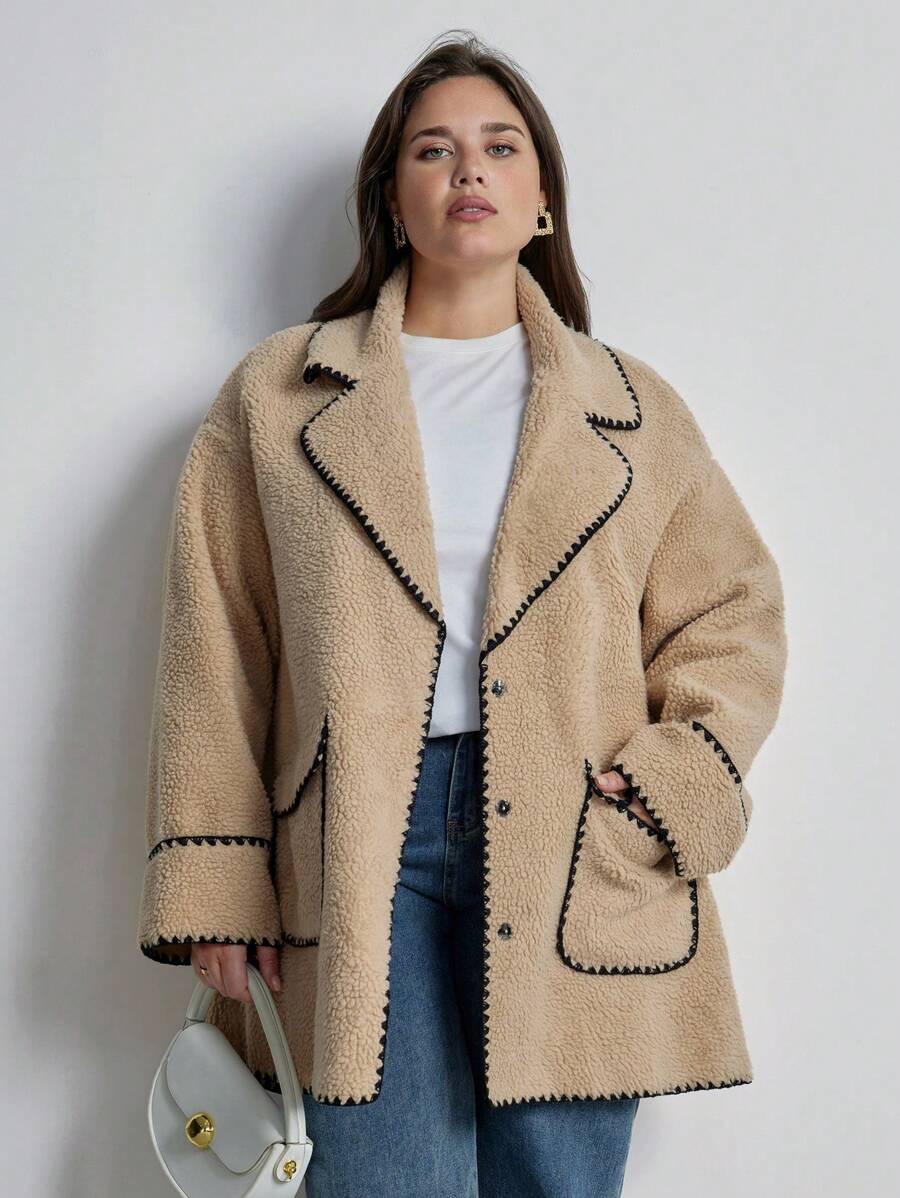 Aveloria Plus Size French Chic Versatile Turndown Collar Contrast Color Shell Embroidery Faux Pocket Jacket