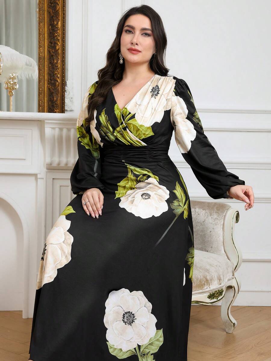 Modelyn Plus Size Women Floral Print V-Neck Lantern Sleeve Long Elegant Dress Long Evening Dresses