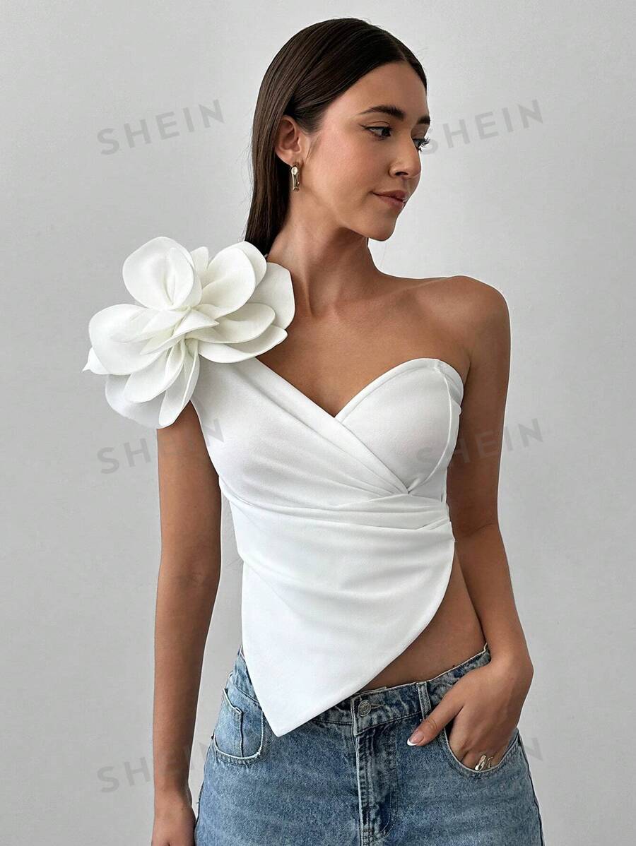 Aloruh Top de tirantes ajustado de unicolor con decoración floral 3D para mujer