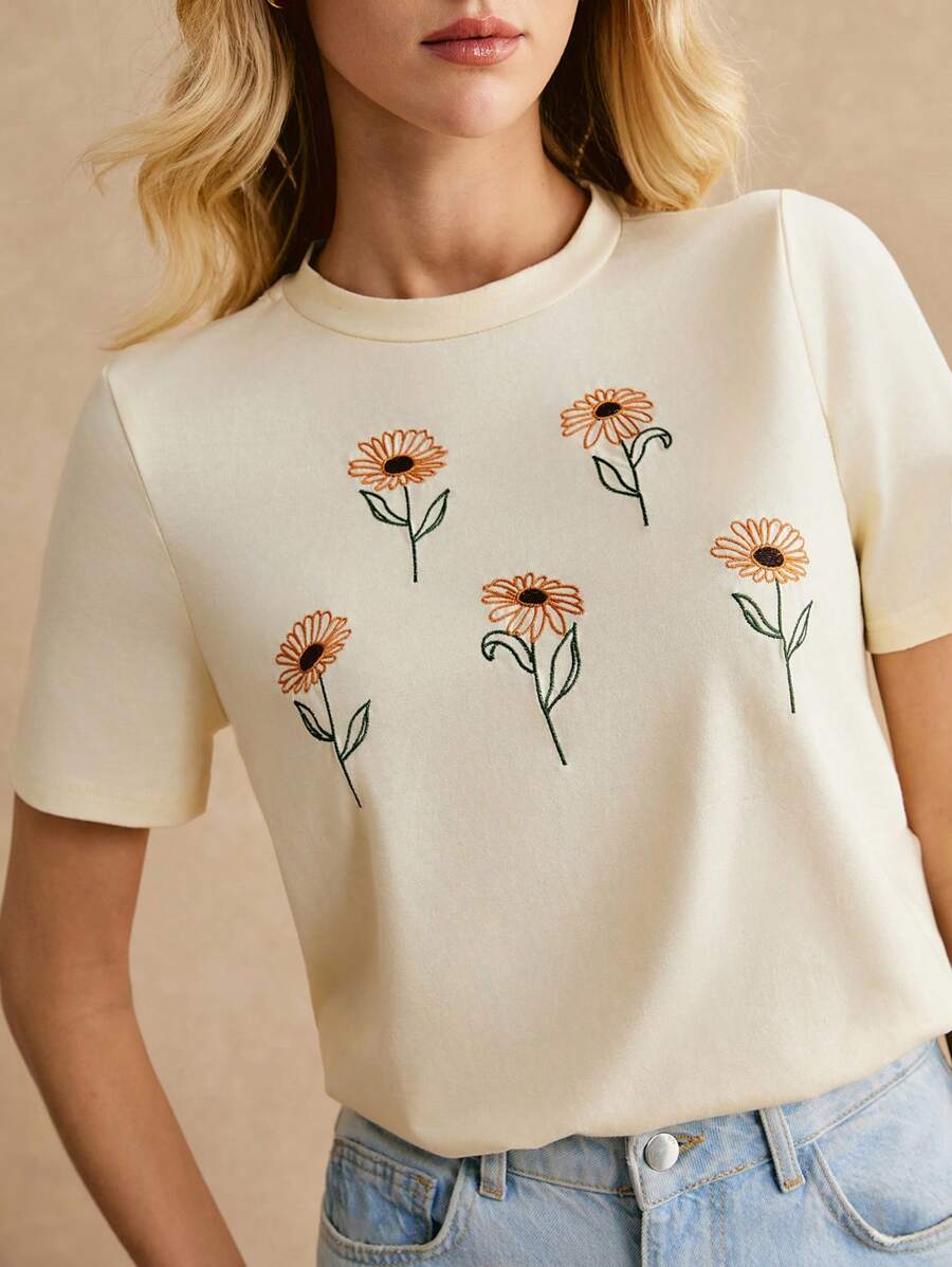 Poéselle T-shirts pour femmes Broderie Casual Floral
