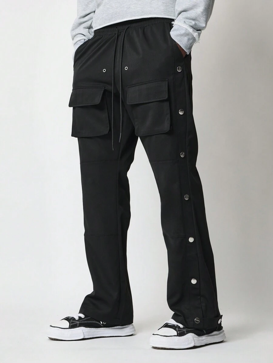 SUMWON Flare Fit Nylon Pant With Snap Button, Exposed Pockets & Drawstrings