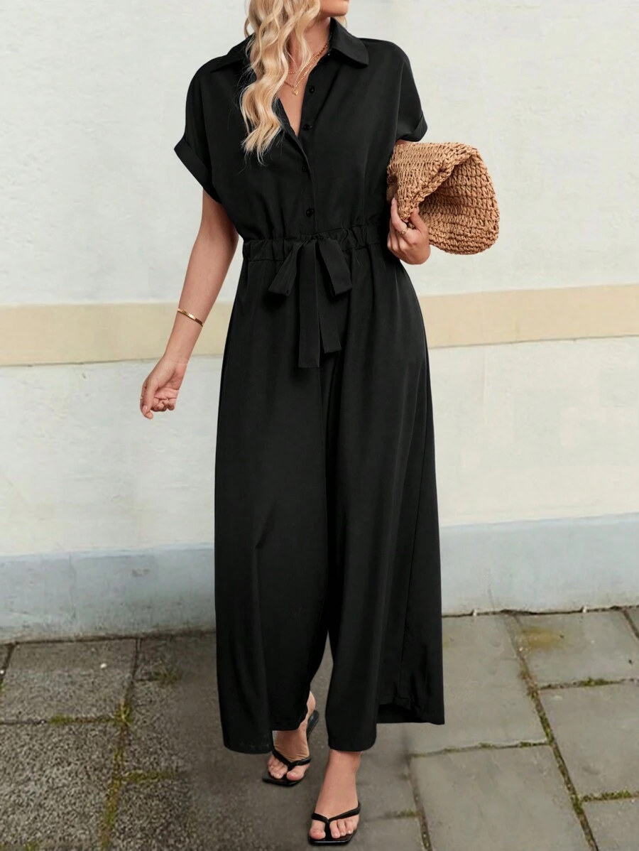 INAWLY Women's Casual Solid Color Drawstring Waist Short Sleeve Jumpsuit, Summer
