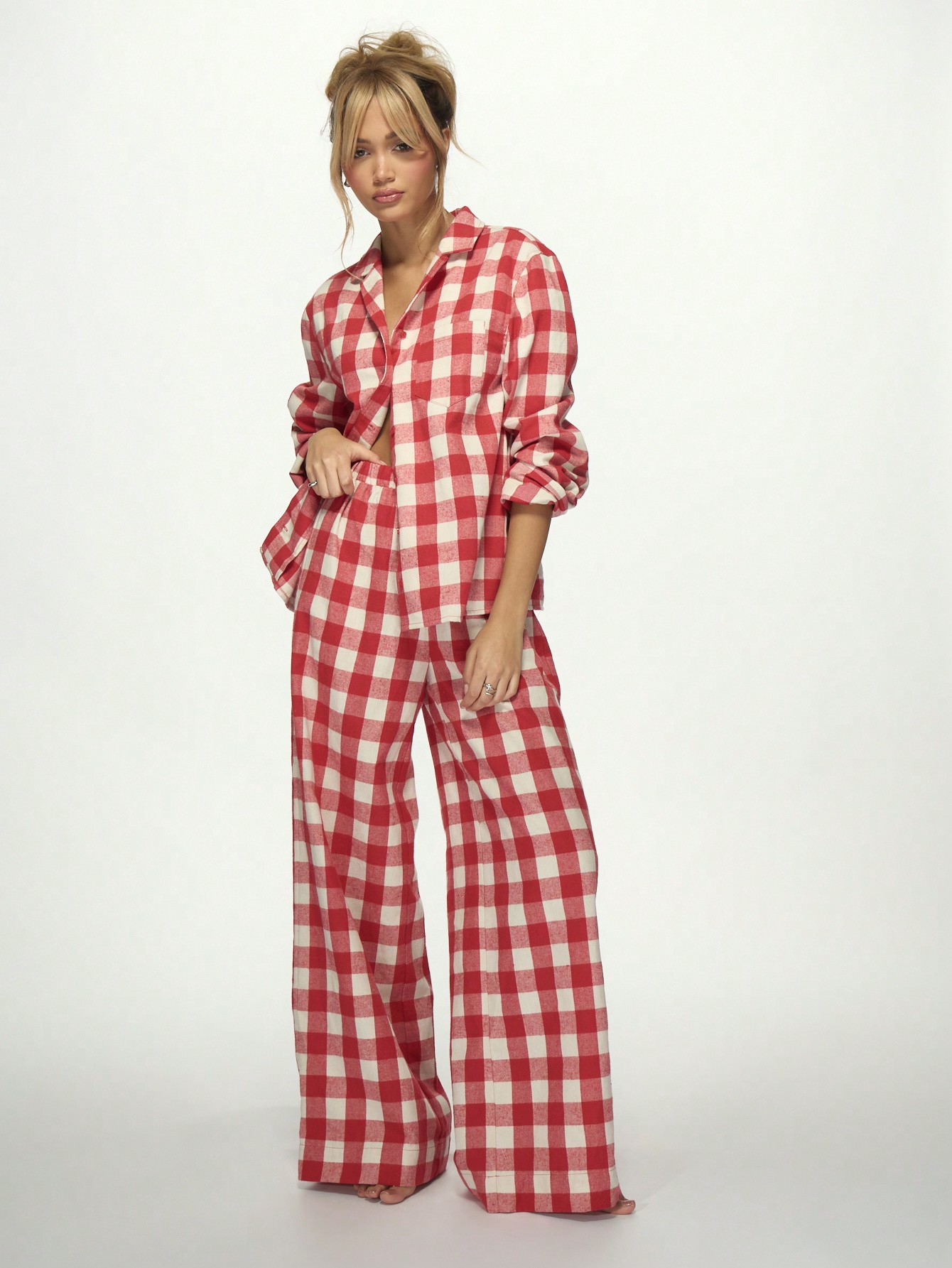 MISSGUIDED Buffalo Check Button Down Shirt With Wide Leg