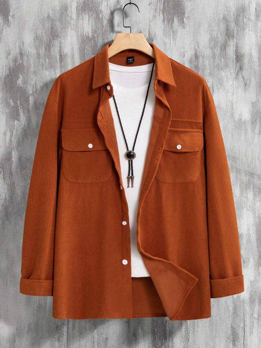 Manfinity Homme Men's Solid Color Front Button Pocket Long Sleeve Shacket