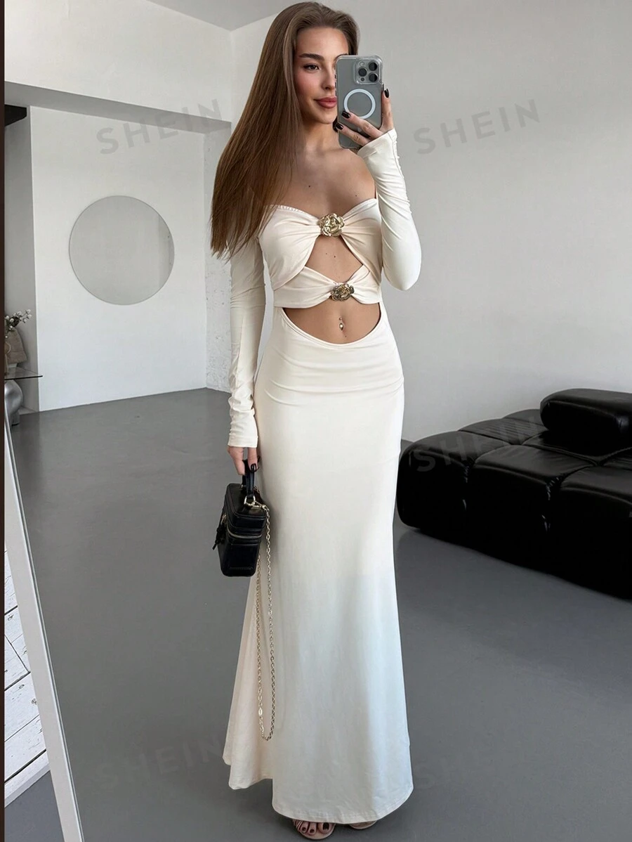 Aloruh Vestido maxi de gala con manga larga, efecto cruzado, nudo y calado en forma de cola de pez para mujer