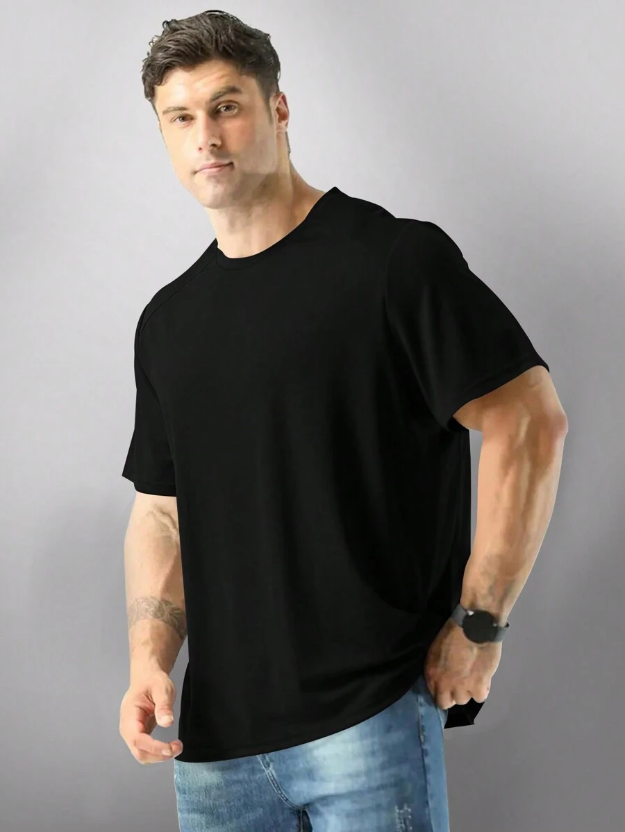 Manfinity Dauomo Camiseta de manga corta de cuello redondo minimalista de unicolor casual para hombres de tallas grandes, verano