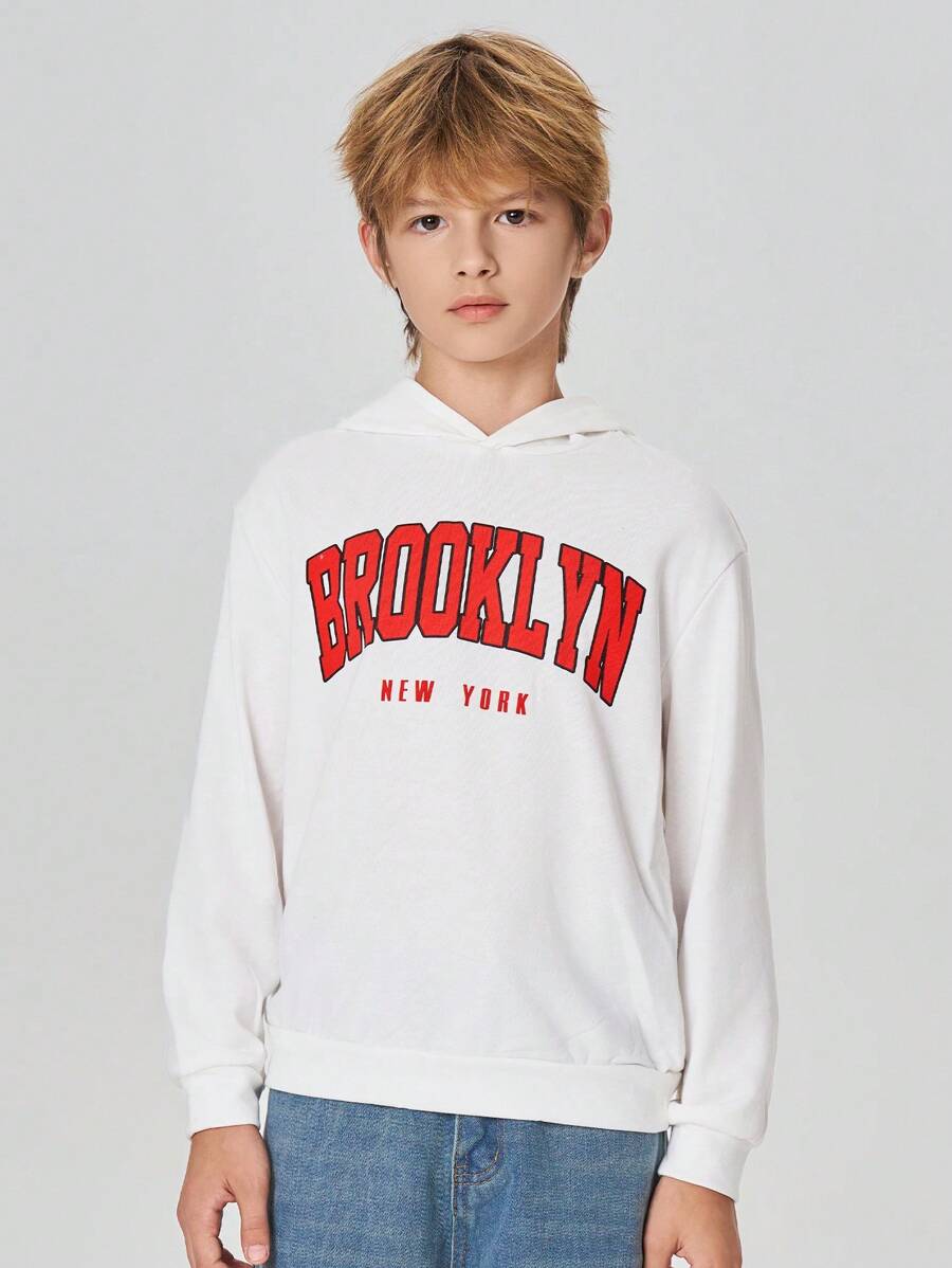 SHEIN Moletom com capuz casual solto com estampa de letras para meninos pré-adolescentes, adequado para uso diário na primavera/outono