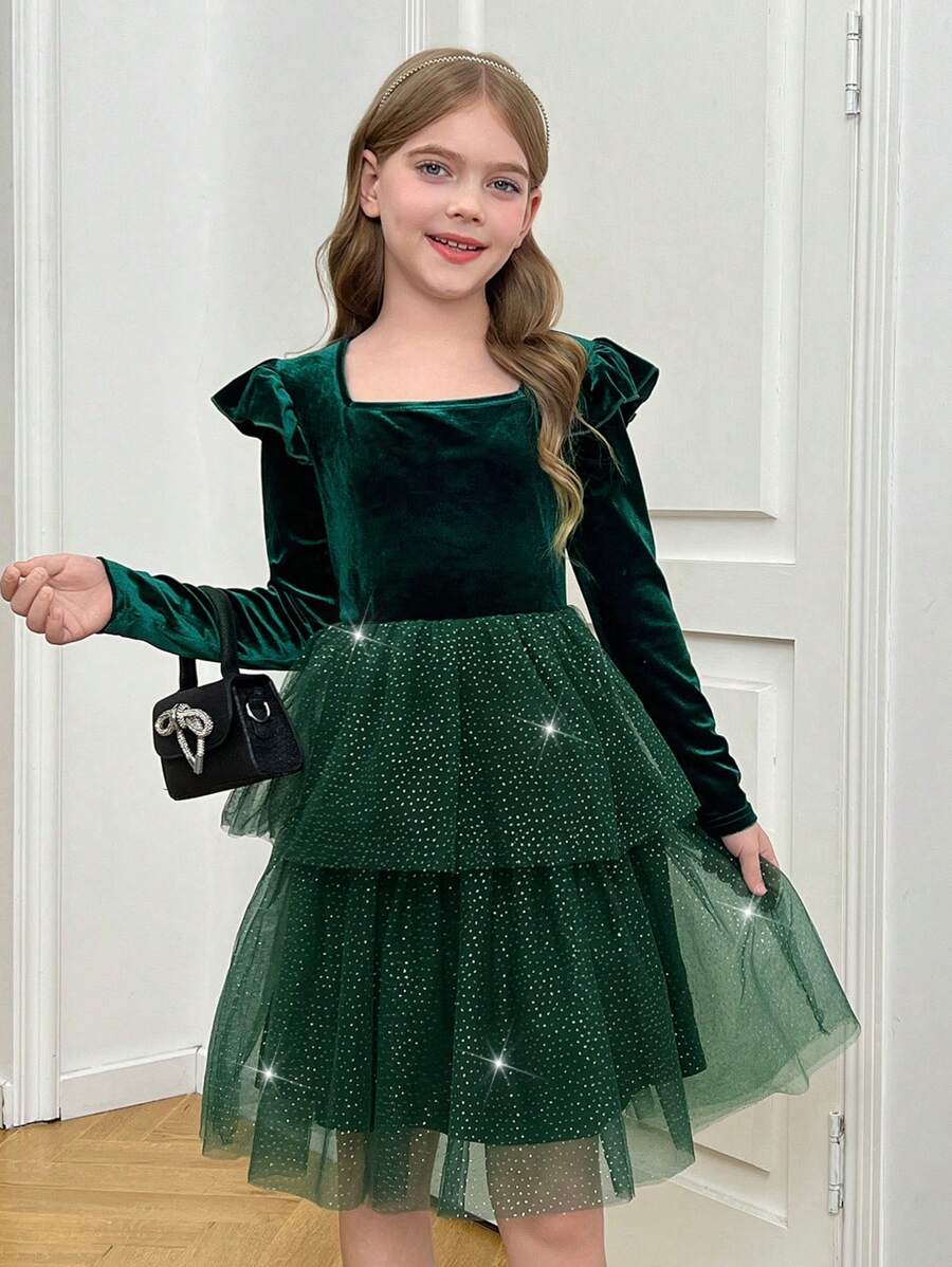 SHEIN Vestido elegante y elegante de fiesta para niñas preadolescentes, con cuello alto, panel de terciopelo con volantes y malla plateada, adecuado para fiestas de Navidad, graduación y bailes de promoción