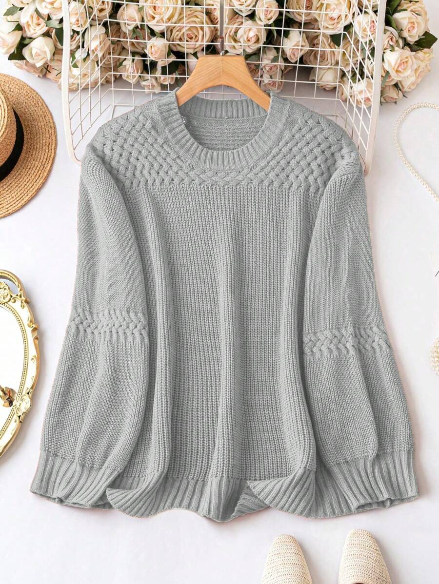 SHEIN LUNE Suéter informal de cuello redondo de manga larga y unicolor, para mujer de talla grande, para otoño/invierno