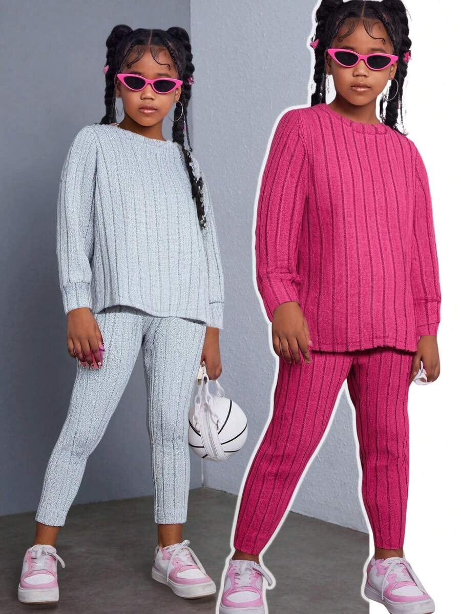 SHEIN 2pcs/Set Girls Basic Casual T-Shirt & Pants, Multi-Color