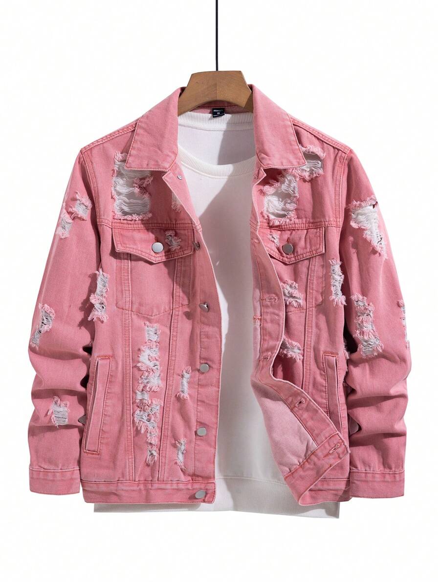Manfinity EMRG Men Front Button Long Sleeve Pocket Distressed Simple Casual Denim Jacket