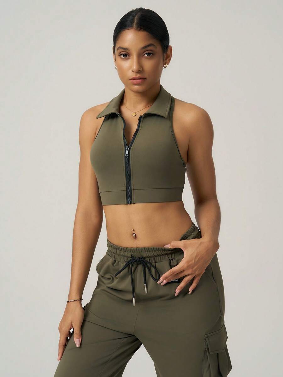 SHEIN Sport Studio Women's Casual Solid Color Zip-Up Cropped Sports Jacket