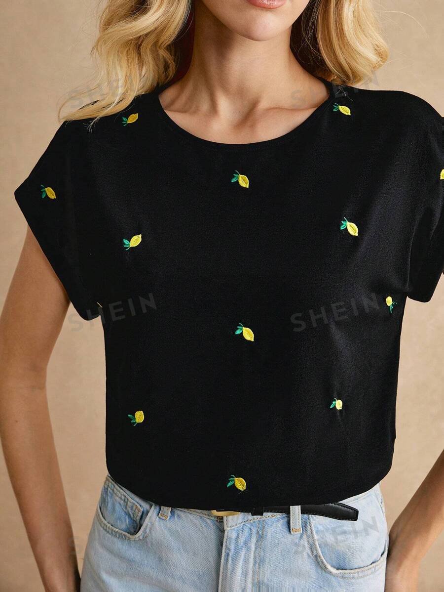 Poéselle Camiseta de algodón bordada casual de verano, versión suelta cómoda y transpirable, camiseta bordada con limones pequeños, adecuada para uso diario, para ir al trabajo, vacaciones y uso en el hogar