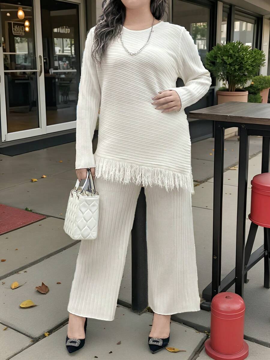 SHEIN Clasi Plus Size Crew Neck Long Sleeve Top With Tassel Hem And Pants Casual Suit Set