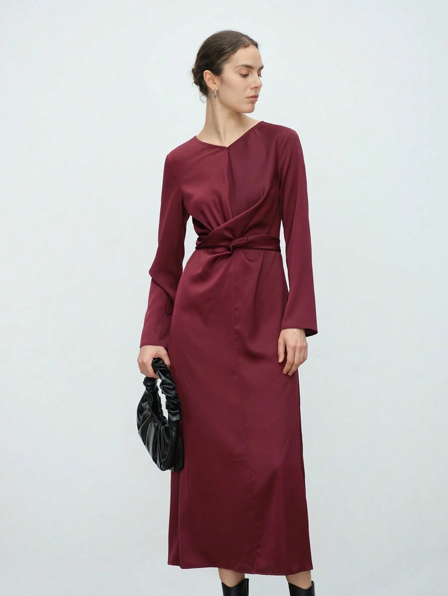 Aalyst Women's V-Neck Satin Crossover Waist Tie Dress, Elegant High-End French Style For Party And Work, Spring/Autumn/Winter For Holiday Party Clothes Maxi Women Outfit