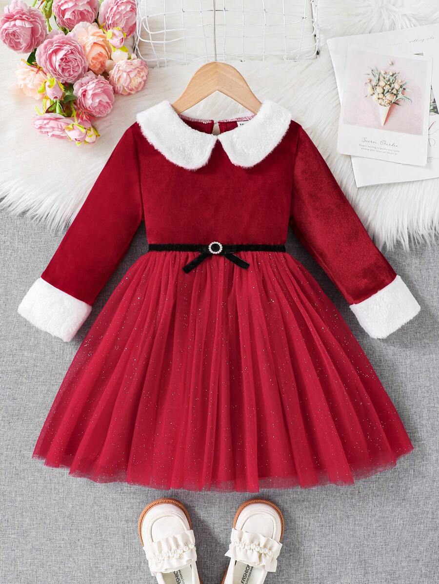 SHEIN Glamorique Kids Vestido rojo navideño para niña con cuello de felpa en contraste, malla en contraste, decoración de lazo, para invierno
