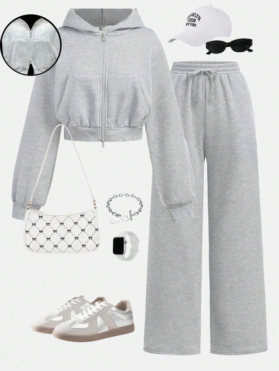 SHEIN Girlism Teen Girl Gray Hooded Two-Piece Set, Double-Zipper Jacket With Straight-Leg Loose Pants, Collegiate Style Set, Suitable For Back To School, Street Wear