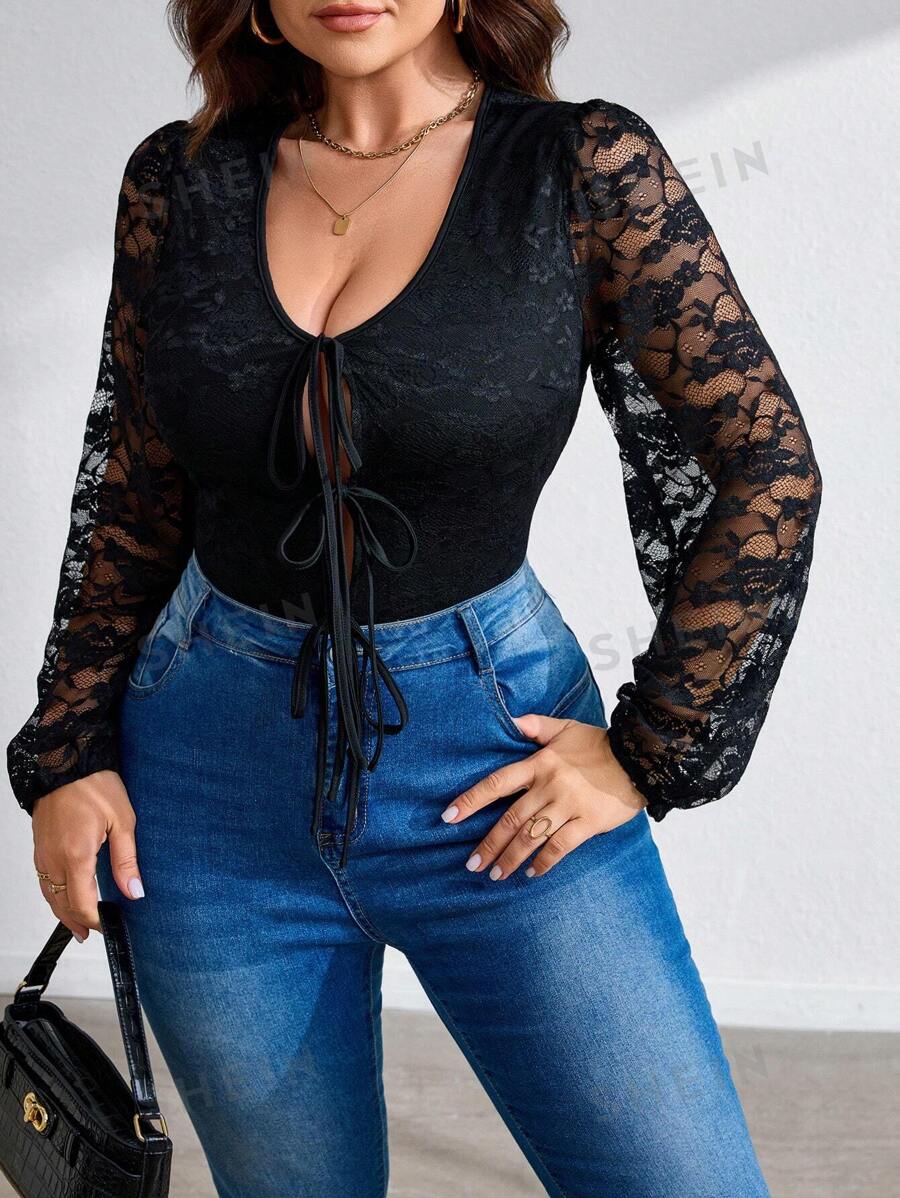 Celure Mono de punto de unicolor con lazo de encaje para mujer talla grande, para invierno
