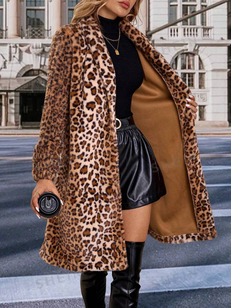 Chaqueta larga y esponjosa con estampado de leopardo de moda lujosa para mujer, abrigo elegante de alta gama grueso y cálido para otoño/invierno, para uso diario