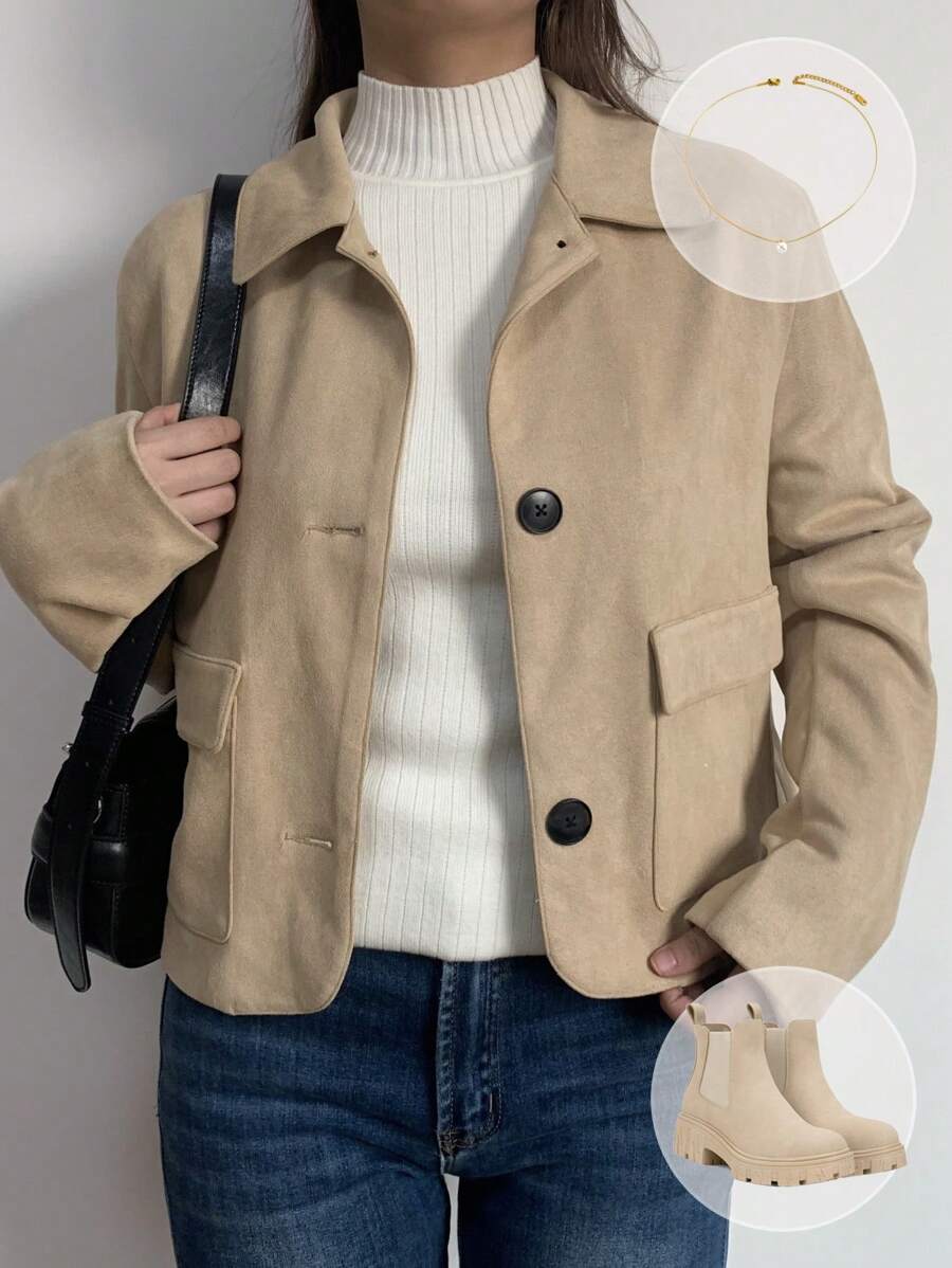 SHEIN BASICS Women Casual Solid Color Woven Turndown Collar Long Sleeve Fall Jacket, Warm Comfort, Cozy Chic, Daily Commute