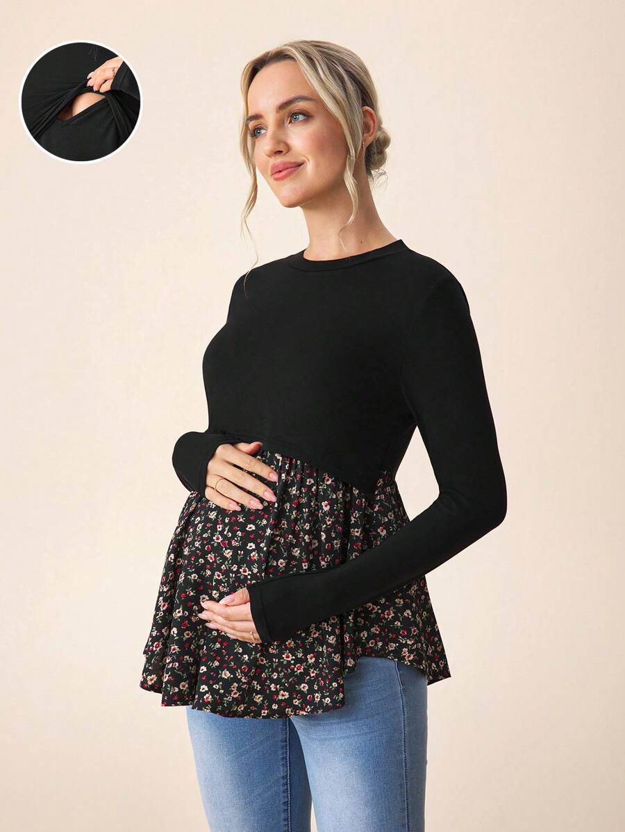 SHEIN Camiseta de manga larga de maternidad casual de bloque de color para lactancia para uso en otoño