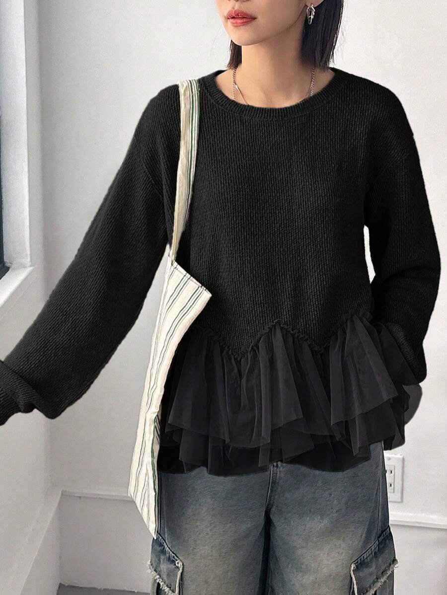 FRIFUL Women Solid Color Round Neck Dolman Sleeve Ruffle Hem T-Shirt, Autumn
