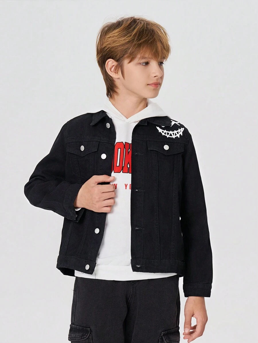 SHEIN Garoto pré-adolescente Impressão De Expressão Detalhe Da Aba Jaqueta Denim Sem Camiseta