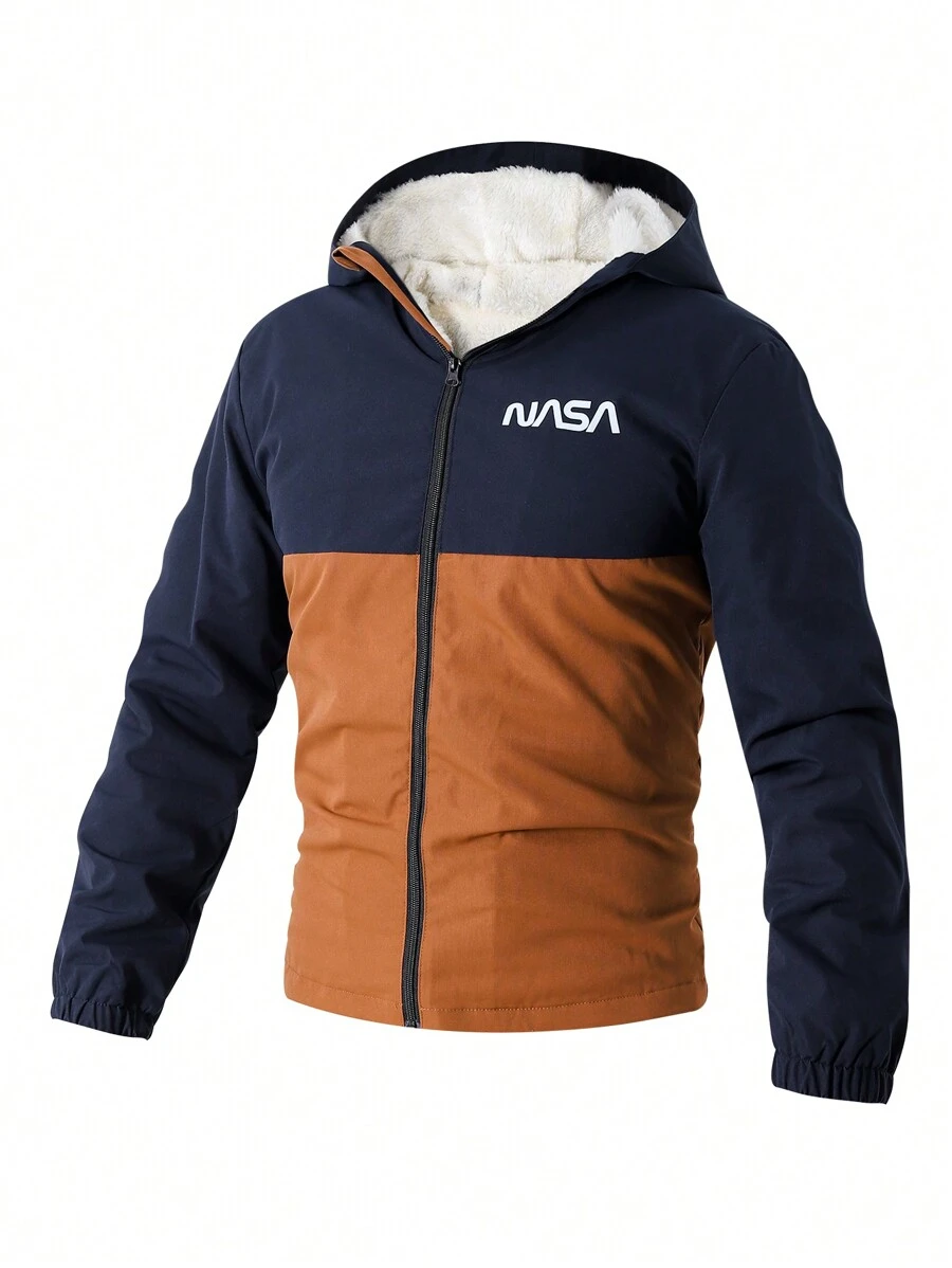 SHEIN Boys Colorblock Hoodie Fluffy Jacket, Suitable For Daily Commute Wear