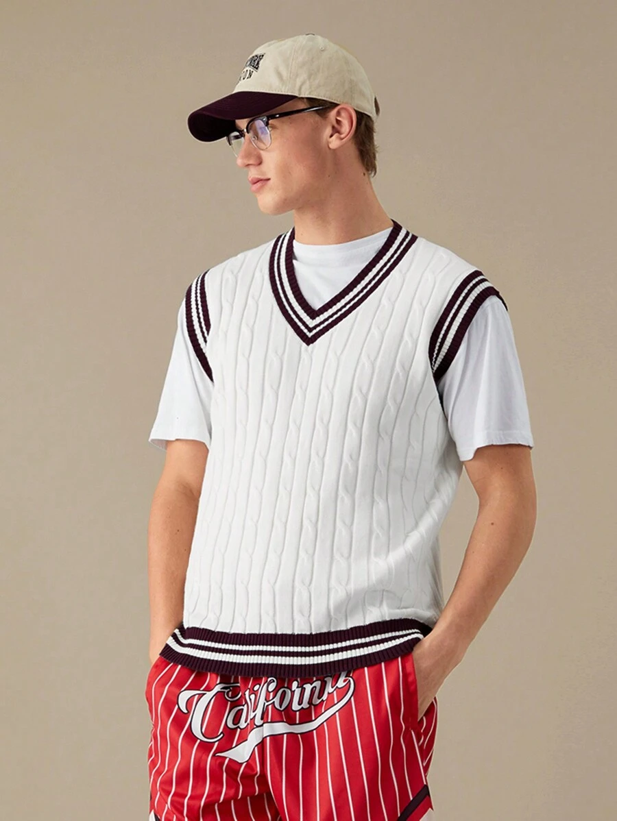 Manfinity RebelGame Maglione a V casual a righe in maglia da uomo, versatile per autunno/inverno