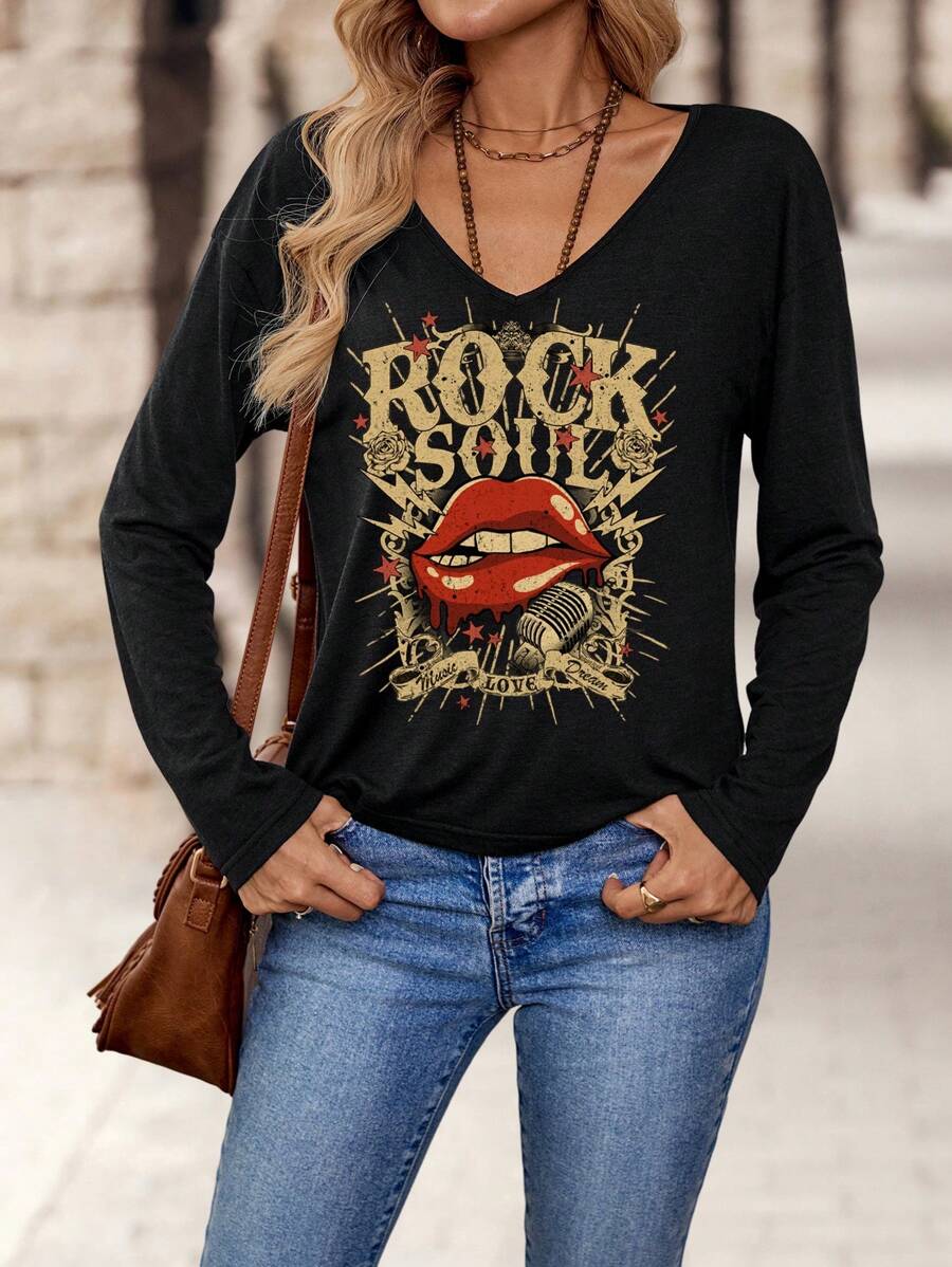 EMERY ROSE Casual Lip Text & Country Music Festival Graphic V-Neck Long Sleeve T-Shirt For Women, Suitable For Autumn/Winter