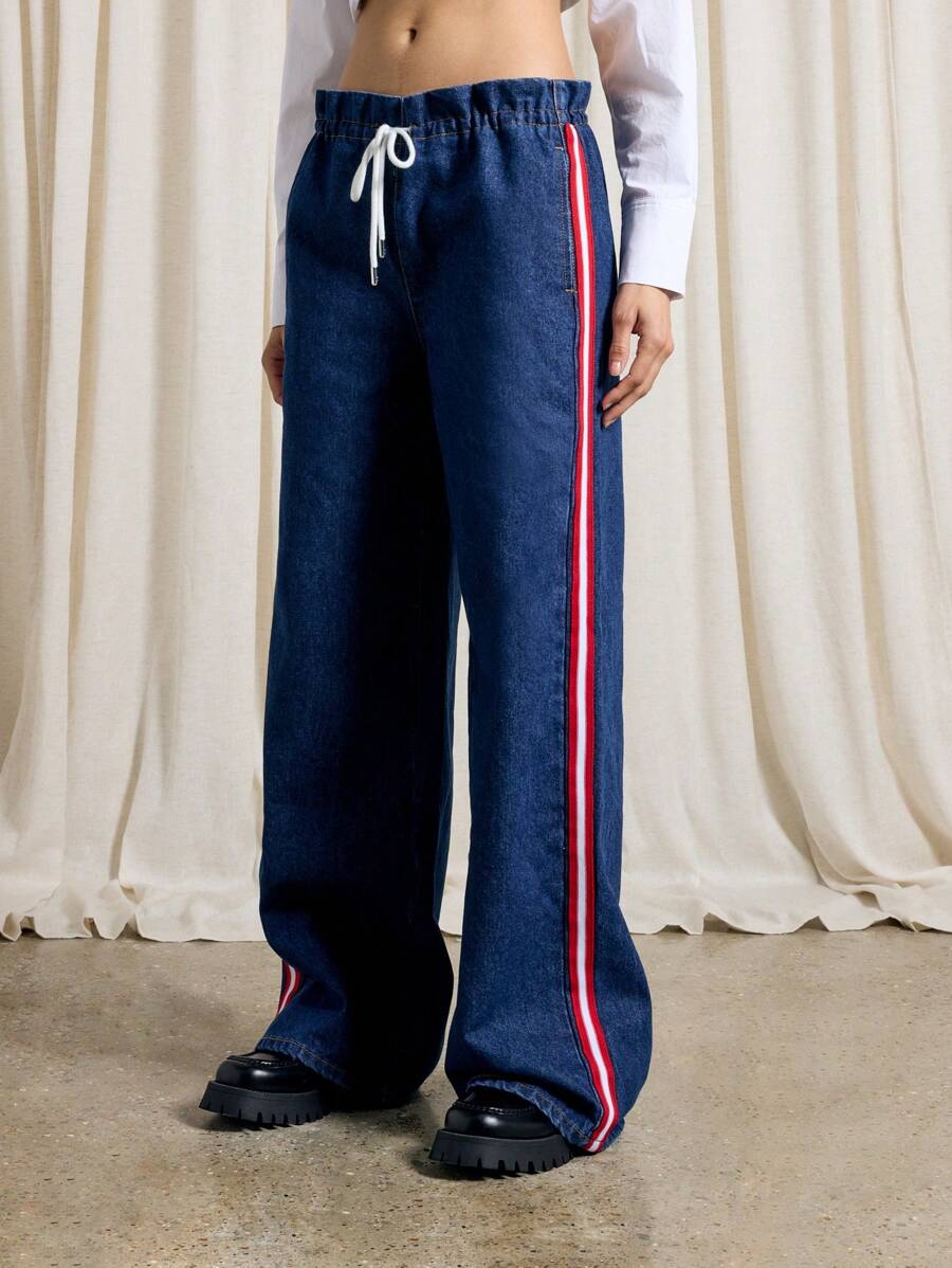 AiiRZ Jeans holgados con cintura tipo paperbag, ribete lateral en contraste y cordones